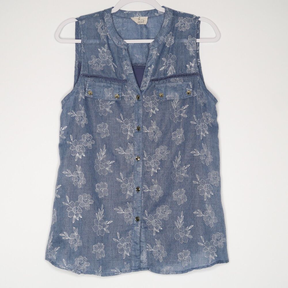 Ember Womens Top Size Large Blue White Floral Sleeveless Casual‎ Mixed Media